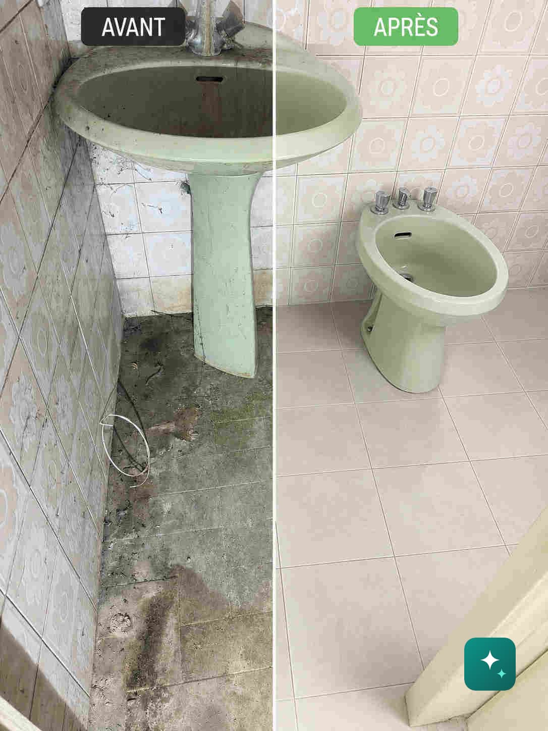Avant / après : salle de bain encrassée puis nettoyée et désinfectée