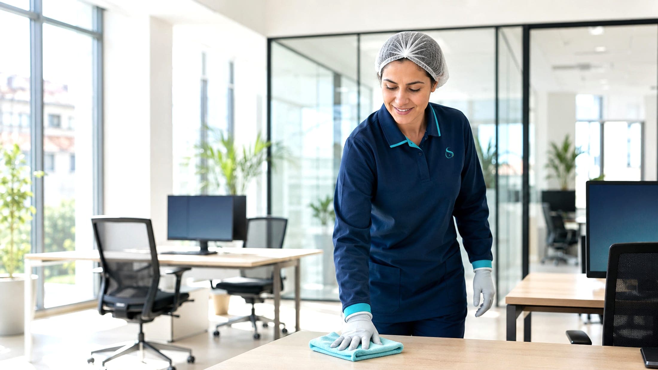 Agente d'entretien SANAD CLEAN, en uniforme et filet à cheveux, nettoyant un plan de travail dans un open space lumineux